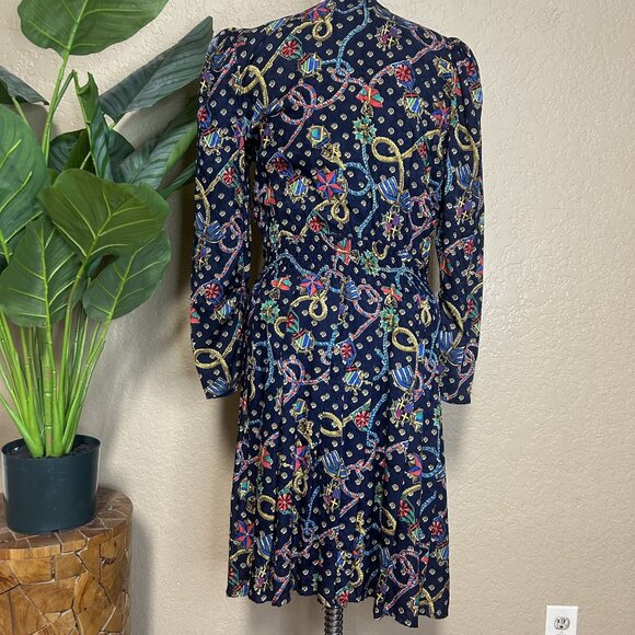 Diane Freis Womens Vintage Long Sleeves Silk dress Printed Deep Blue Size Medium - Picture 9 of 9